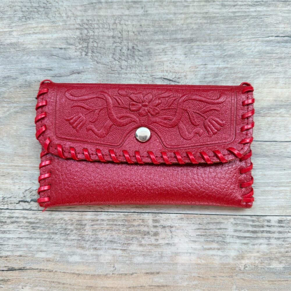 Red Leather Floral Tooled Wallet Western Boho Snap Clutch